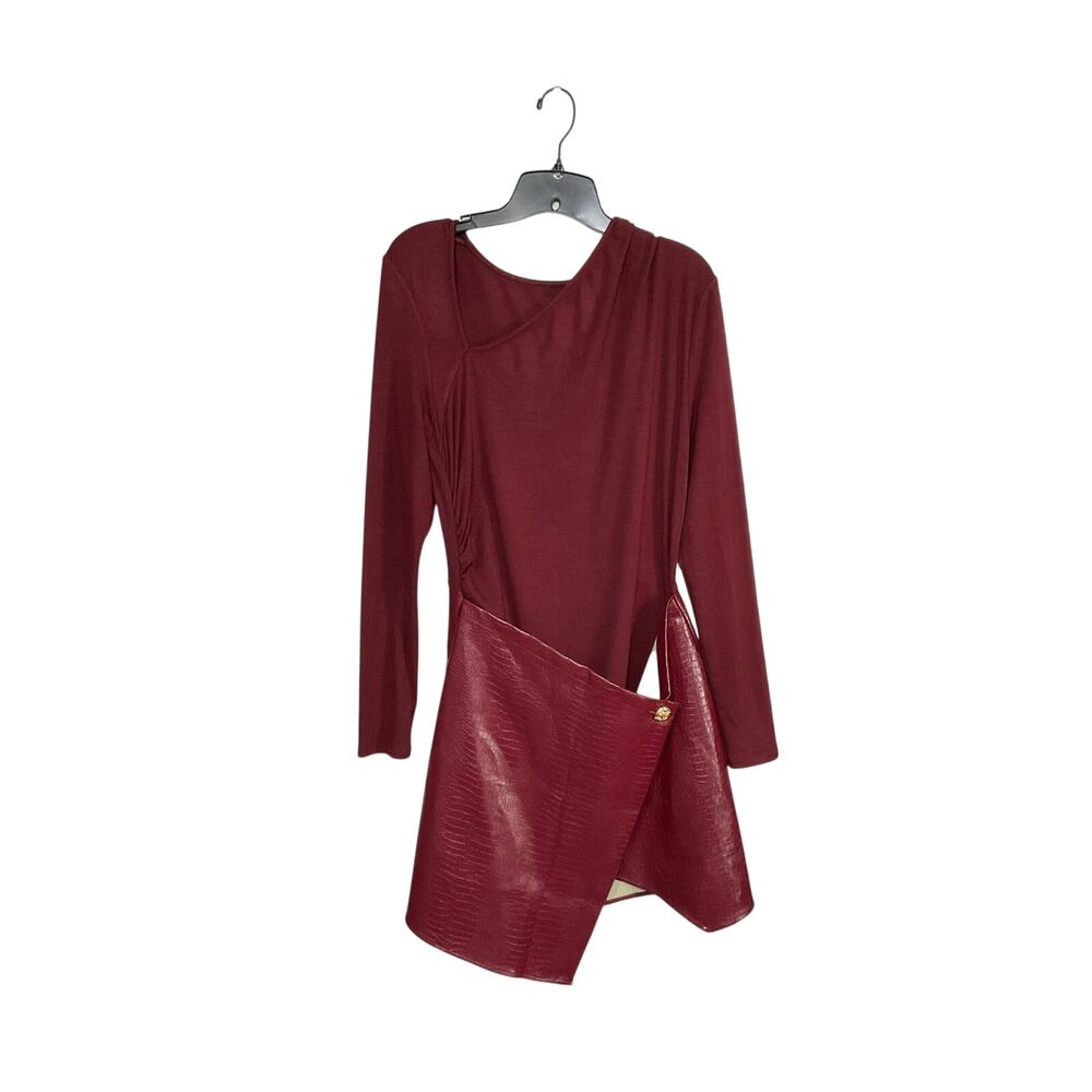 NWT Commense Red Faux Leather Paneled Knit Mini Dress Size Large Asymmetric Neck - Picture 2 of 8